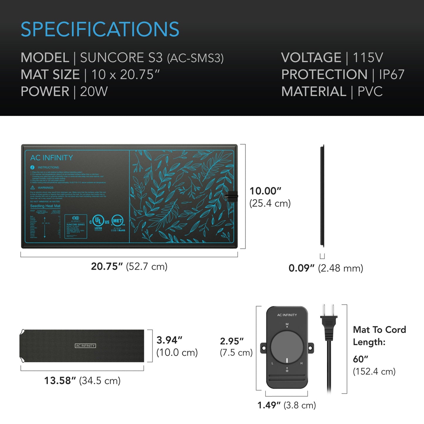 AC Infinity SUNCORE S3, SEEDLING HEAT MAT WITH HEAT CONTROLLER